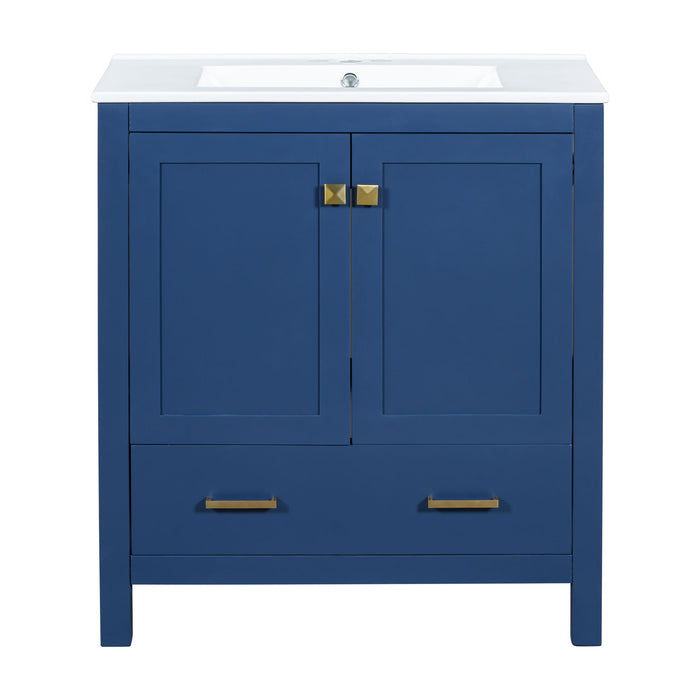 Giga bathroom vanity with single undermount sink, solid wood frame, two doors, drawer, soft-close, multifunctional storage in a modern design.