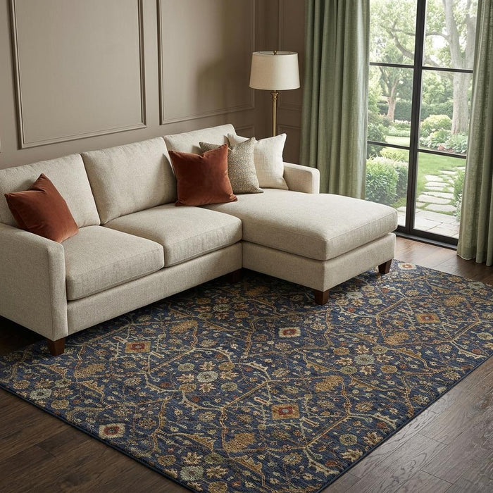 10' X 14' Oriental Washable Area Rug With UV Protection (685480) - Navy Blue / Gold / Copper