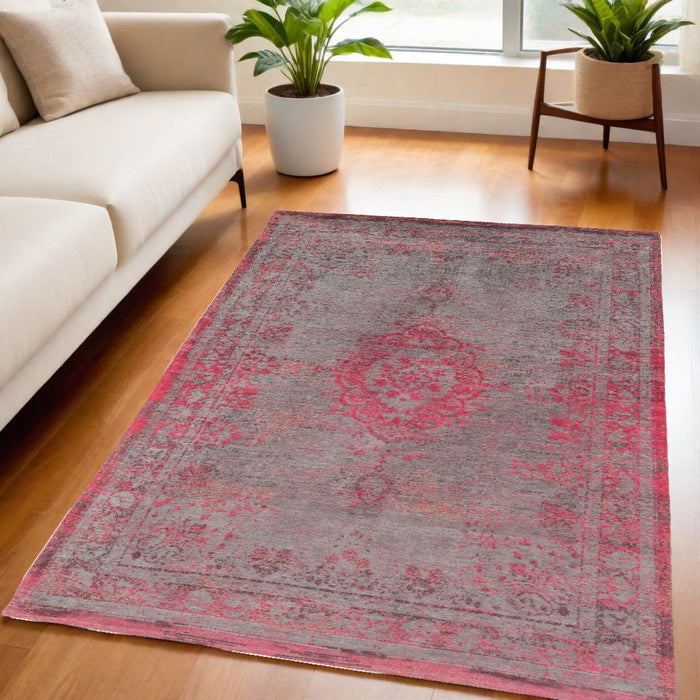 5' x 7' Medallion Non Skid Area Rug - Gray And Pink