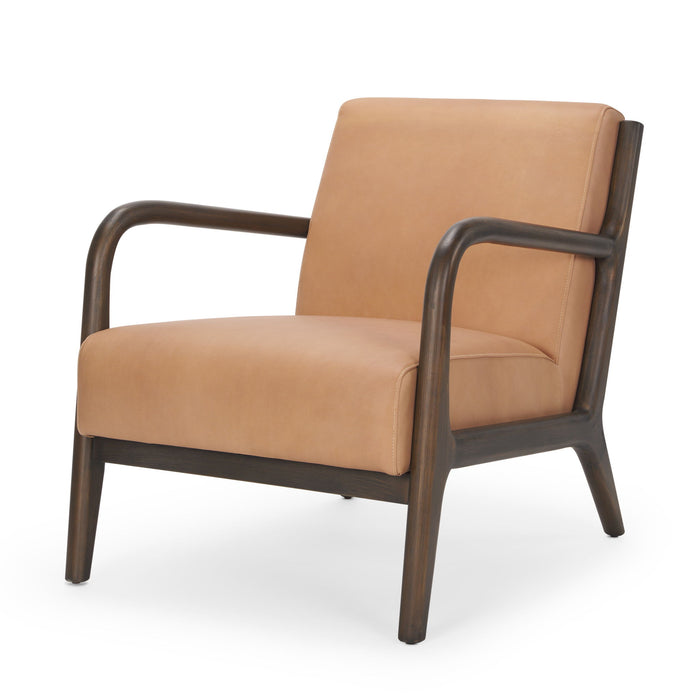 Genuine Leather And Solid Wood Arm Chair - Tan / Dark Brown