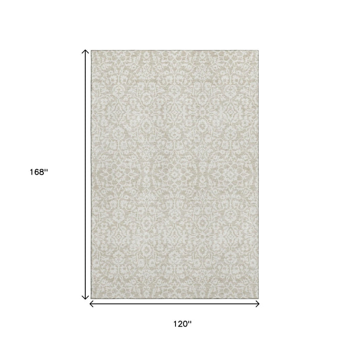 10' X 14' Damask Washable Area Rug With UV Protection (673103) - Beige / Ivory