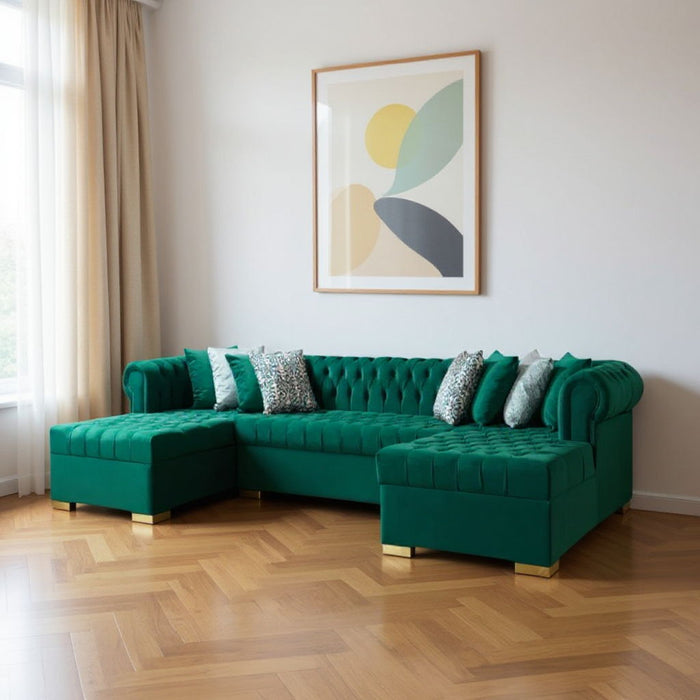 Velvet U Shaped Three Piece Sofa Chaise Sectional With Toss Pillows - Green
