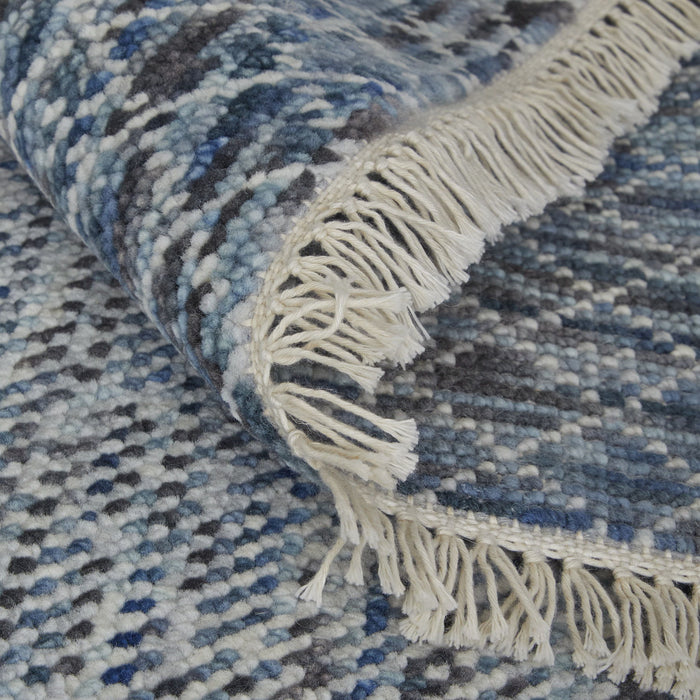 10' Wool Hand Knotted Runner Rug With Fringe - Ivory Gray And Blue