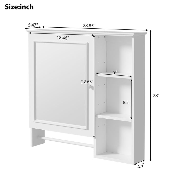 Giga wall-mounted bathroom medicine cabinet with large mirror door, adjustable shelves, and three open storage levels.