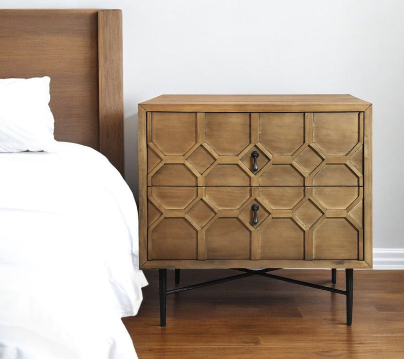 28" Two Drawer Distressed Carved Geometric Solid Wood Nightstand - Natural
