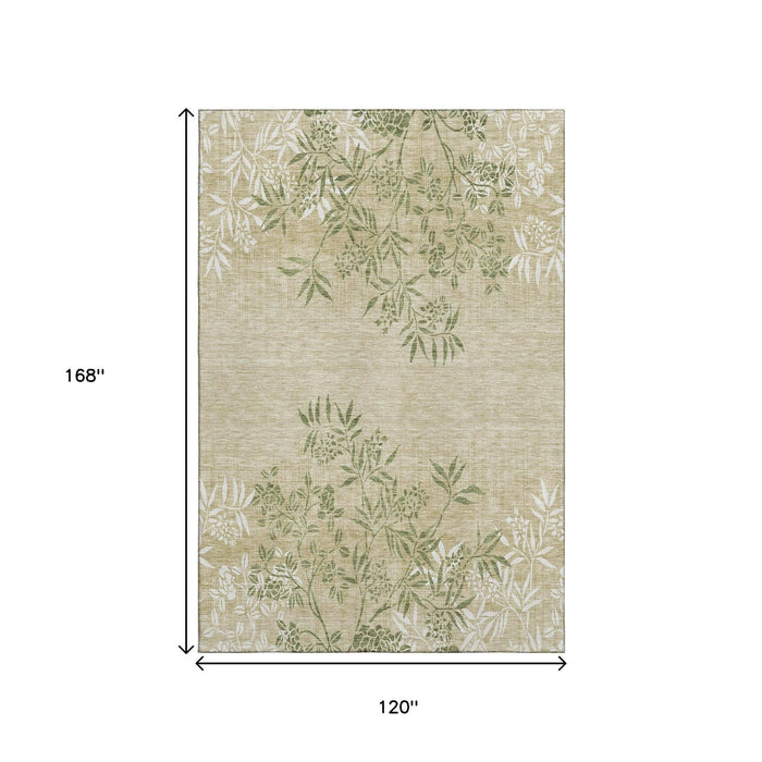 10' X 14' Floral Washable Area Rug With UV Protection (655644) - Khaki / Green / Ivory