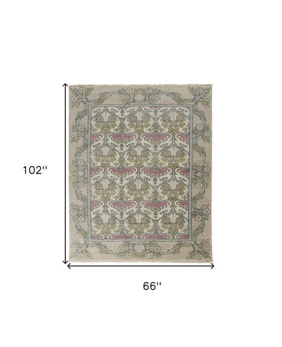 6' x 9' Wool Floral Hand Knotted Area Rug - Ivory Gray And Pink