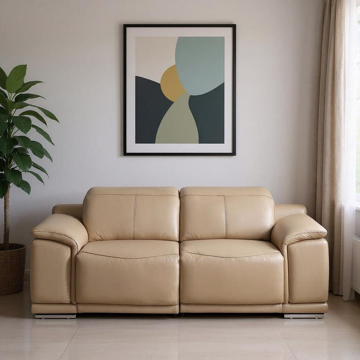 Leather Power Reclining Loveseat (643817) - Beige / Silver