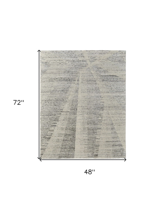 4' x 6' Abstract Hand Knotted Worn Faded Area Rug - Gray And Ivory