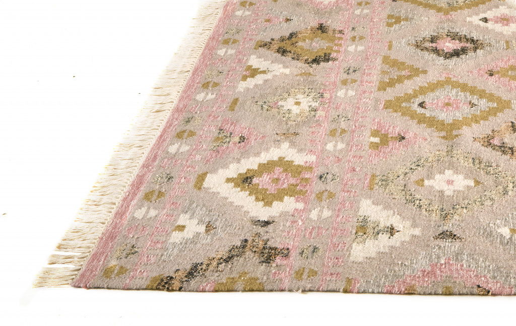 10' x 14' Wool Geometric Dhurrie Flatweave Handmade Area Rug With Fringe - Pink Gold And Taupe
