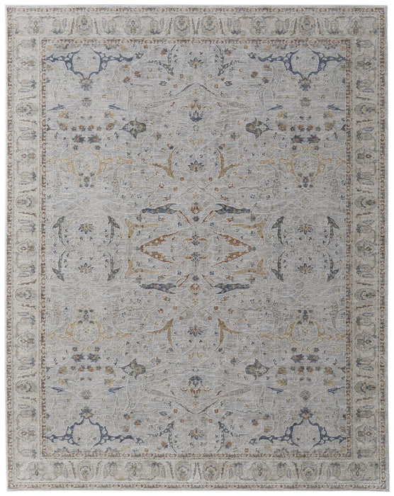 9' x 12.7' Ikat Power Loom Worn Faded Area Rug With Fringe - Gray Blue And Red
