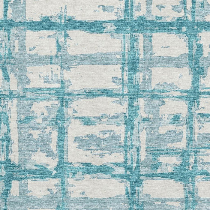 8' X 10' Striped Washable Area Rug Polyester With UV Protection - Teal And Ivory
