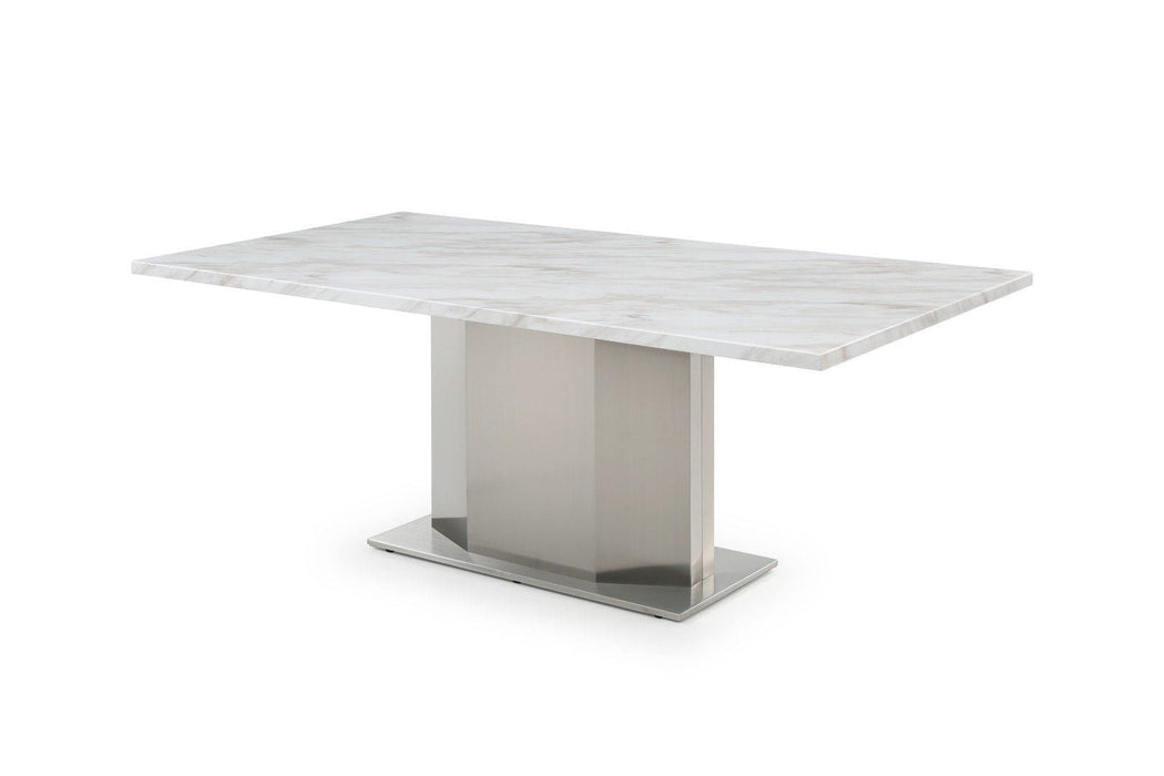 79" Marble And Stainless Steel Pedestal Base Dining Table - Gray / White