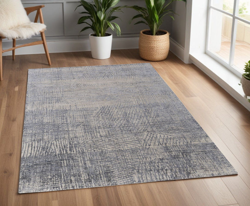 4' x 6' Abstract Hand Woven Worn Faded Area Rug - Gray Ivory And Blue