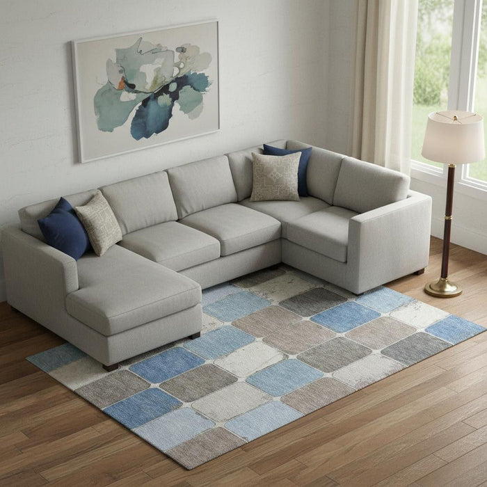 10' X 14' Geometric Washable Area Rug With UV Protection (709114) - Blue / Ivory / Taupe