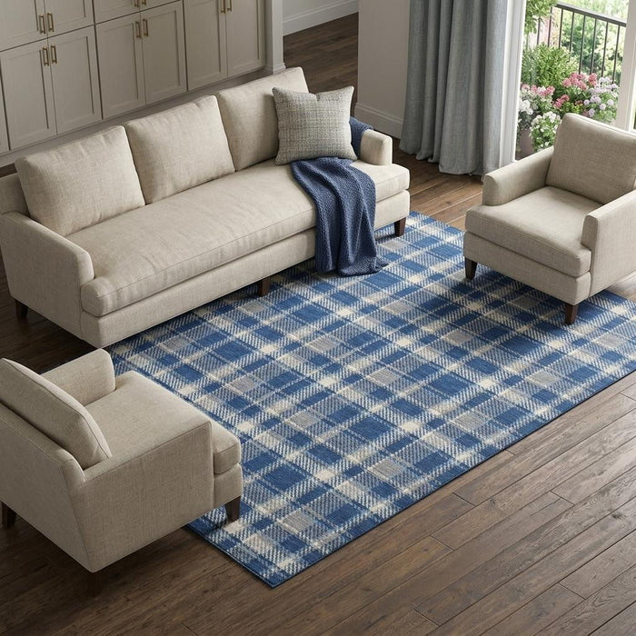 9' X 12' Plaid Washable Area Rug With UV Protection (649449) - Navy Blue / Ivory