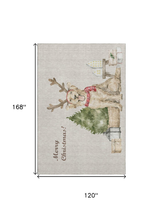 10' X 14' Christmas Dog Washable Area Rug With UV Protection (646451) - Taupe / Green / Gray