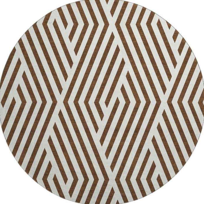 8' Geometric Washable Round Rug With UV Protection (648523) - Brown / Ivory