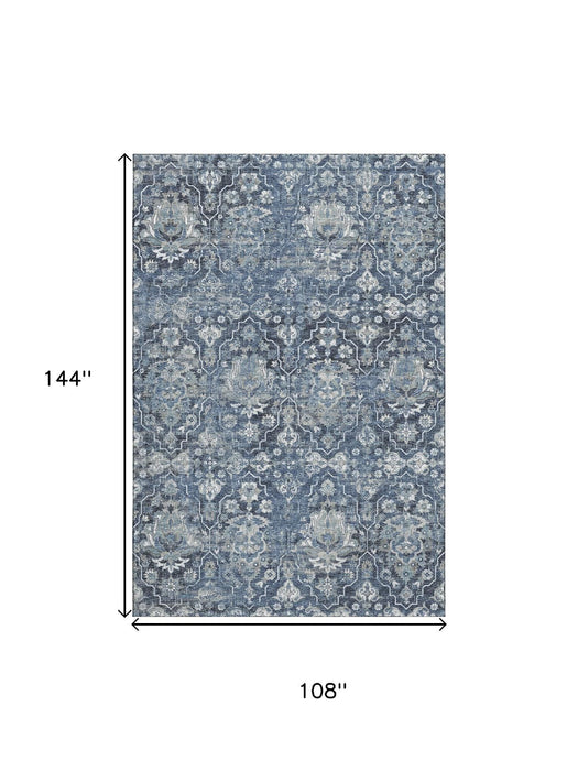 9' X 12' Floral Medallion Distressed Washable Area Rug With UV Protection (644567) - Blue / Ivory