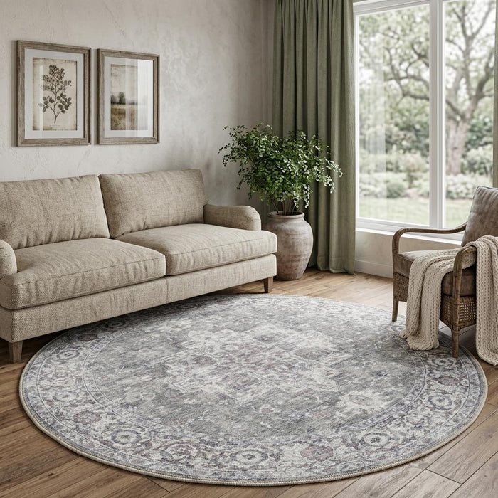 8' Floral Power Loom Worn Faded Round Rug (573548) - Gray
