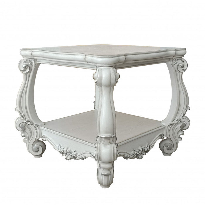 Manufactured Wood Square Scroll End Table With Shelf - Antiqued White