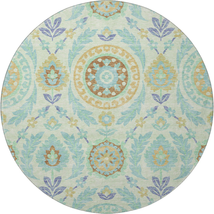 8' Floral Washable Round Rug With UV Protection - Mint Green