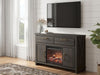 Signature Design by Ashley Brazen Valley TV stand with fireplace feature, showcasing a modern wood finish and ample storage space.