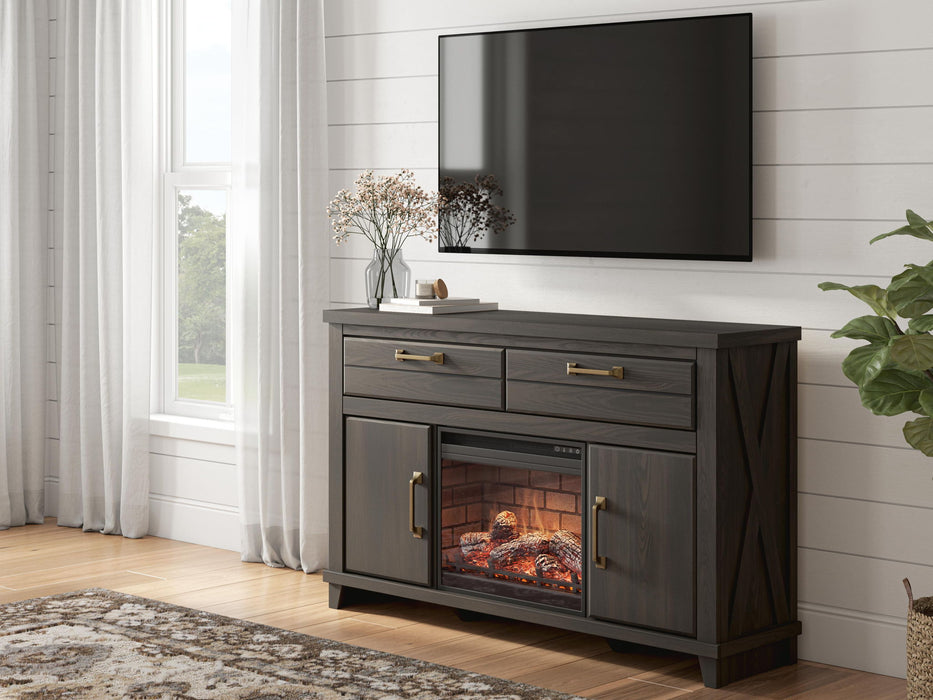 Signature Design by Ashley Brazen Valley TV stand with fireplace feature, showcasing a modern wood finish and ample storage space.