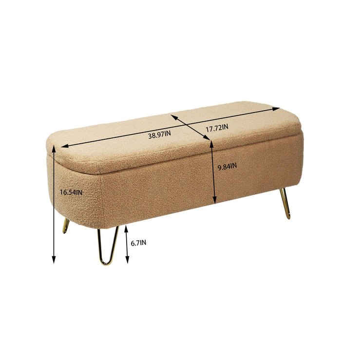 Modern Giga storage ottoman bench with camel faux fur upholstery, padded seat, and built-in storage for bedroom or living room use.