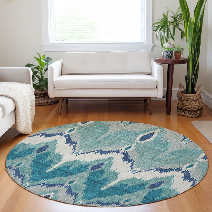 8' Ikat Washable Round Rug With UV Protection - Teal And Ivory