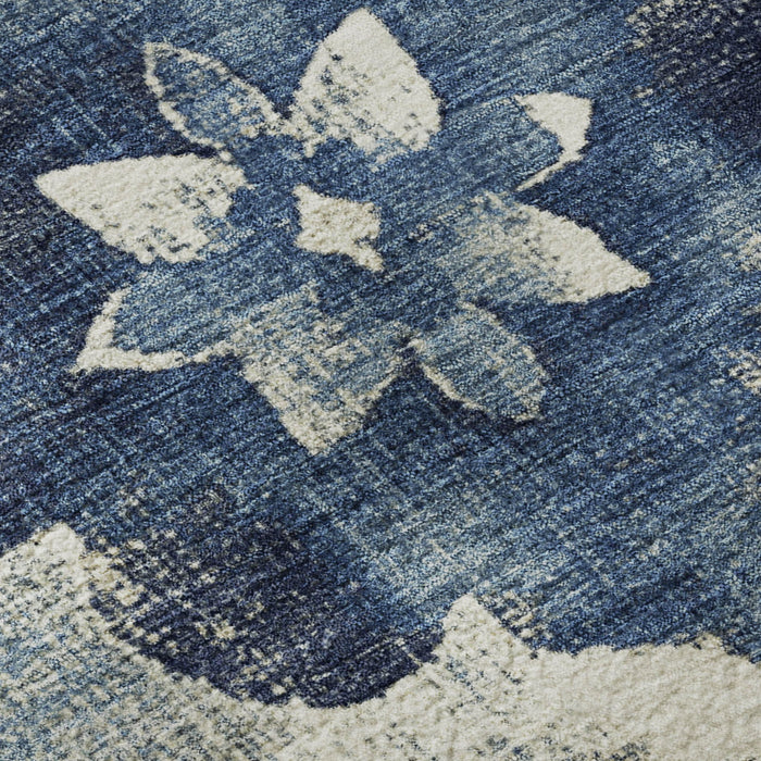 10' X 14' Floral Washable Area Rug With UV Protection (701605) - Navy Blue / Ivory