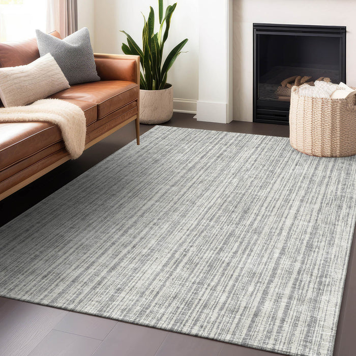 8' X 10' Striped Washable Area Rug With UV Protection - Gray And Silver