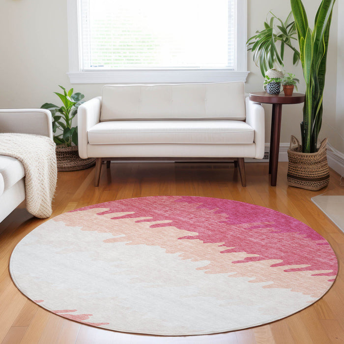 8' Striped Washable Round Rug With UV Protection - Blush And Ivory
