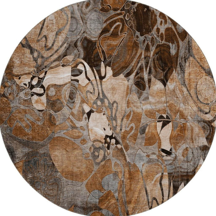 8' Abstract Distressed Washable Round Rug With UV Protection (648991) - Rust / Gray