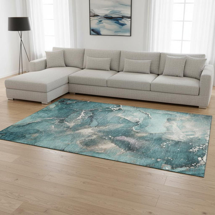 9' X 12' Abstract Washable Area Rug With UV Protection (647253) - Teal / Ivory