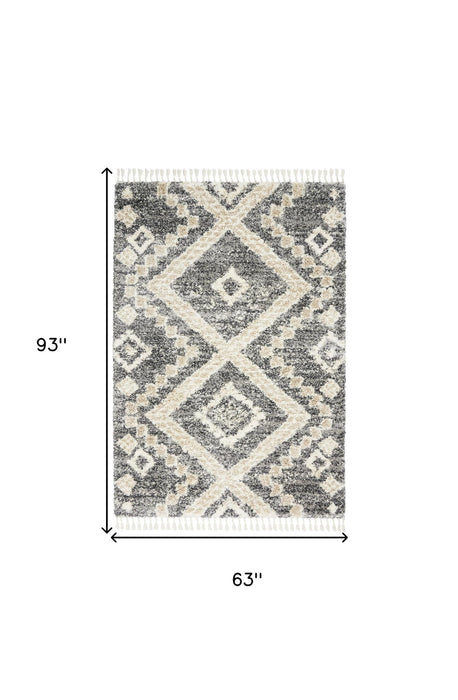 5' X 8' Geometric Shag Non Skid Area Rug (551128) - Ivory / Gray