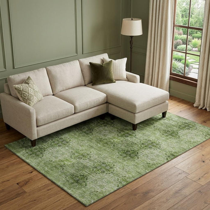 9' X 12' Floral Medallion Distressed Washable Area Rug With UV Protection (648939) - Olive Green / Ivory