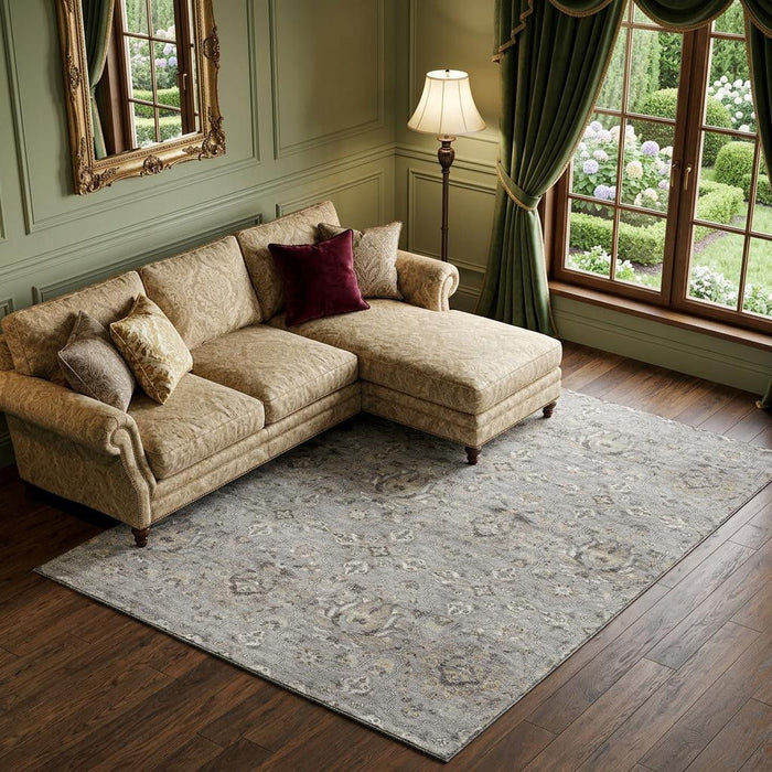 10' X 14' Floral Medallion Distressed Washable Area Rug With UV Protection (644556) - Ash Gray / Brown / Ivory