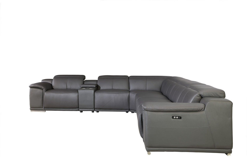 Italian Leather Power Reclining Seven Piece Corner Sectional With Console - Gray