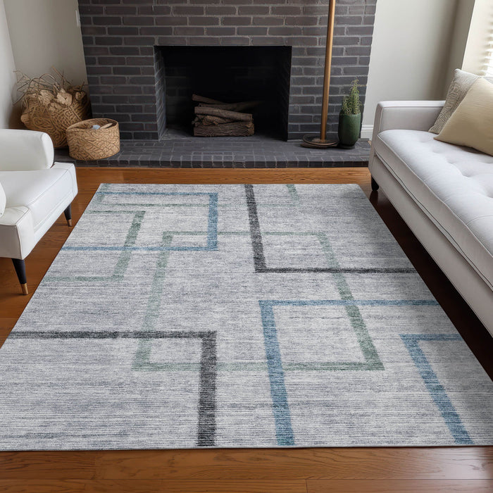 10' X 14' Geometric Washable Area Rug With UV Protection - Gray And Blue