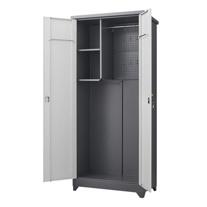 Giga outdoor cabinet with tall vertical design, large capacity storage, shelves, and secure lock for outdoor organization.