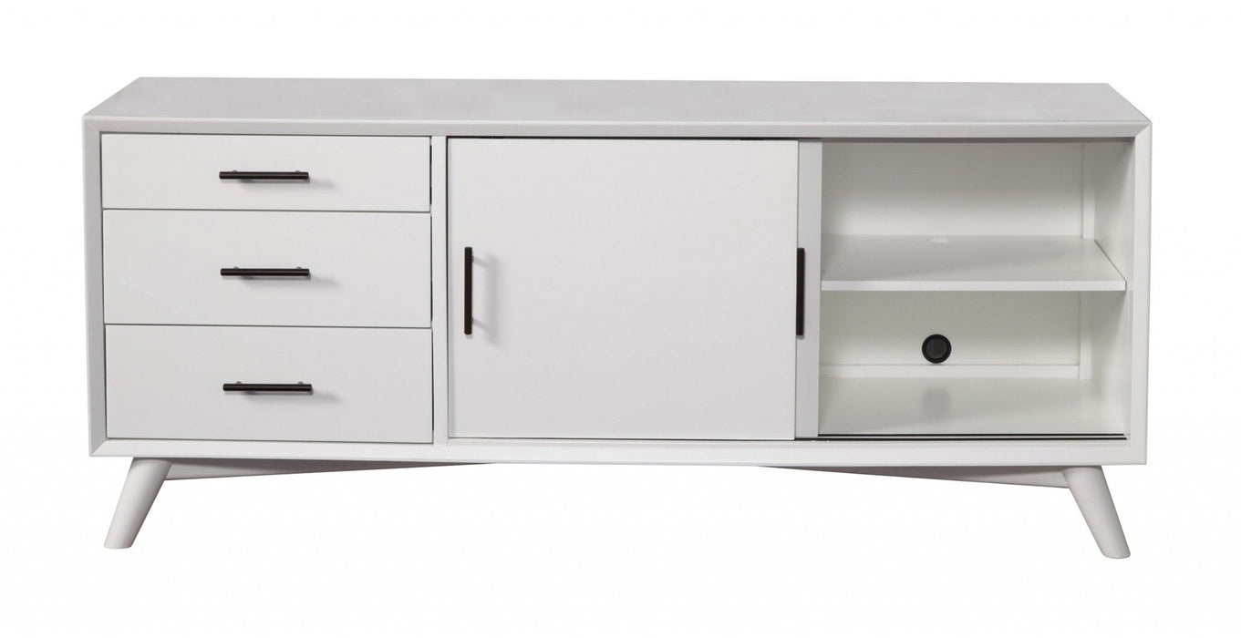 Mahogany solids, Okoume veneer open shelving TV stand in white, featuring modern design and ample storage space.
