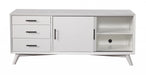 Mahogany solids, Okoume veneer open shelving TV stand in white, featuring modern design and ample storage space.