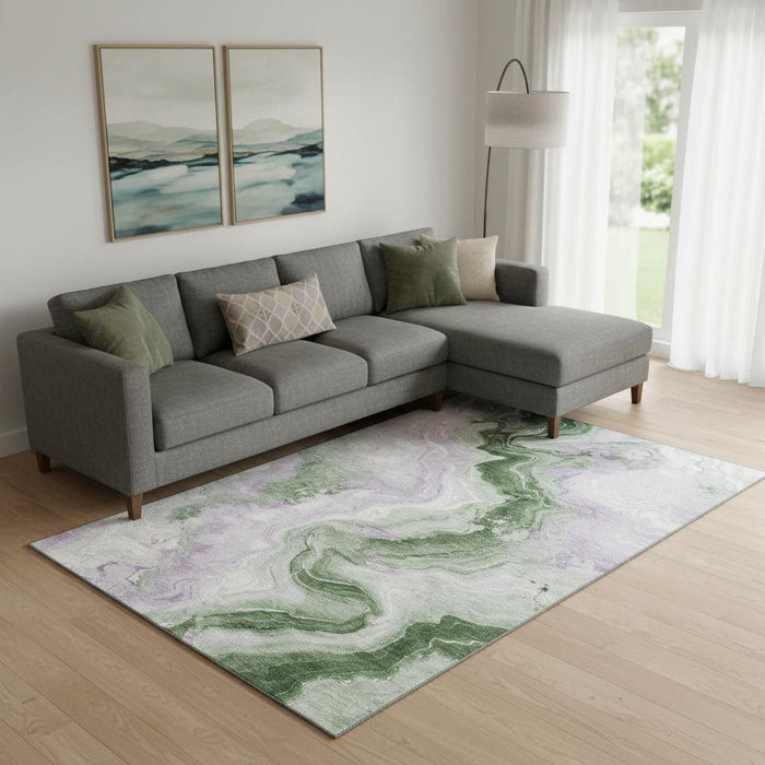 10' X 14' Abstract Washable Area Rug With UV Protection (706151) - Olive Green / Lavender / Ivory