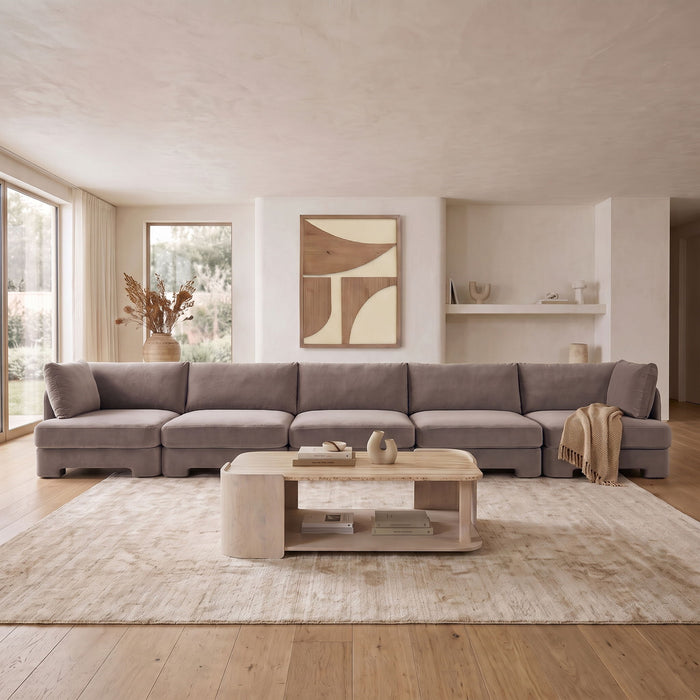 Meridian Furniture velvet performance fabric upholstered 5-piece stationary sectional sofa with plush cushioning and modern design.