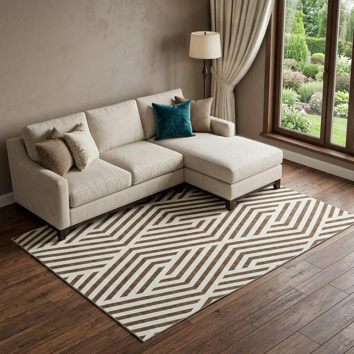 9' X 12' Geometric Washable Area Rug With UV Protection (648525) - Brown / Ivory