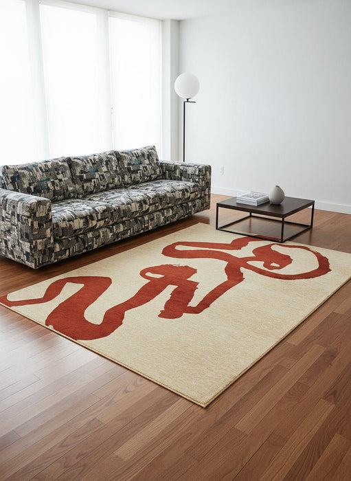 8' Abstract Washable Round Rug With UV Protection (610007) - Beige / Red