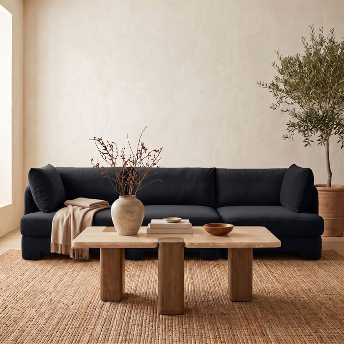 Velvet performance fabric upholstered 3-piece stationary sectional sofa by Meridian Furniture, featuring plush cushions and modern design.
