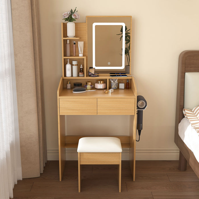 Giga vanity set with LED mirror, power outlet, hairdryer holder, padded stool, compact dressing desk in wood for small bedrooms