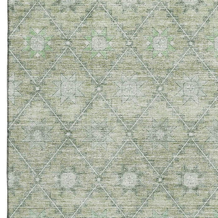 10' X 14' Geometric Washable Area Rug With UV Protection (706025) - Artichoke Green / Beige